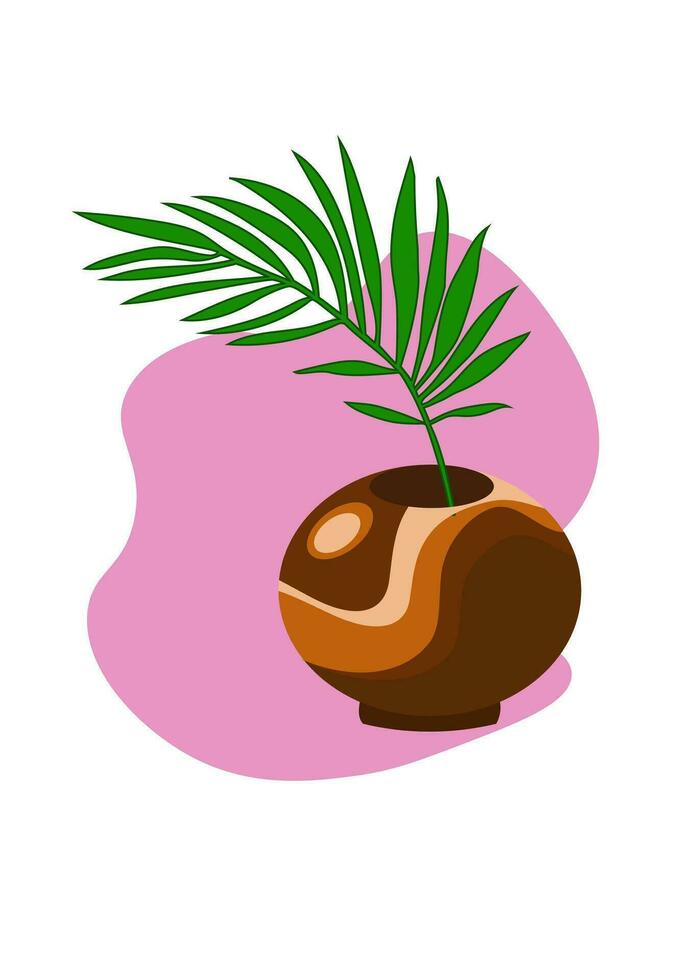 Botanical vector illustration. Tropical leaf in a vase on a white background. Illustration for decor.