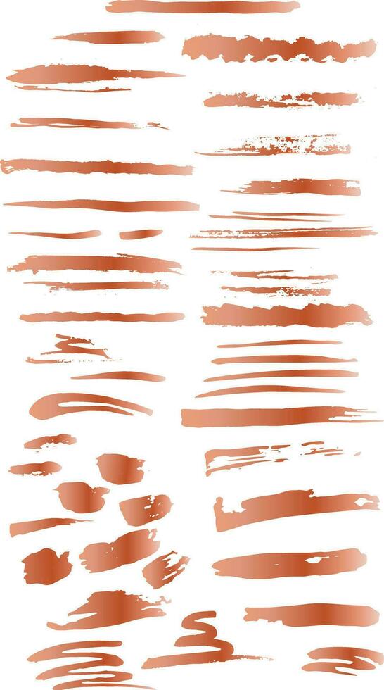 A Set of grunge copper, rose gold artistic brush strokes features sponge stamps, splashes, dry brush marks, and pastel pencil textures vector