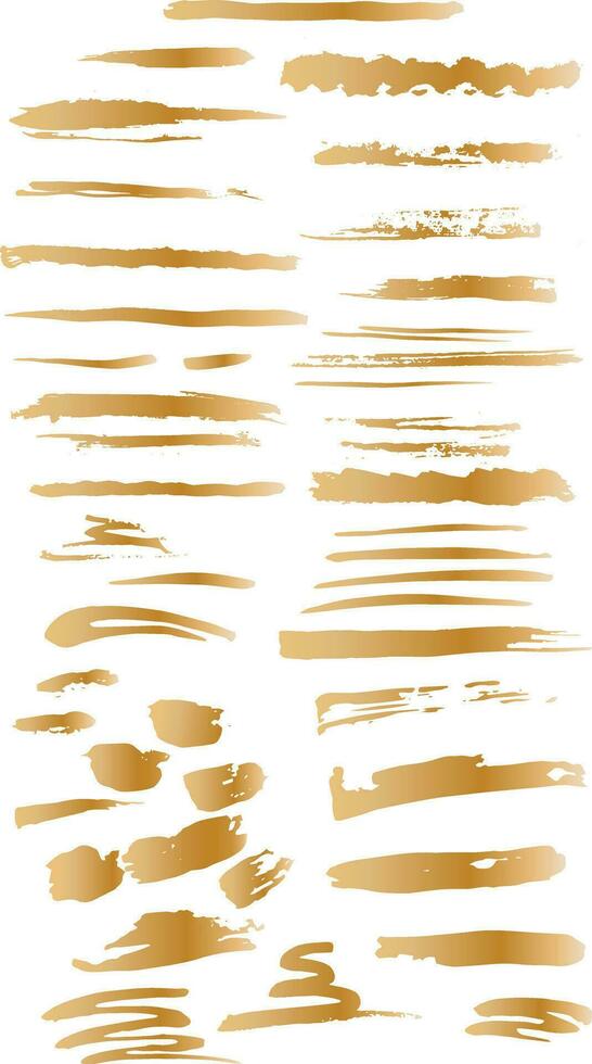Set of brass Gold artistic brush strokes features sponge stamps, splashes, dry brush marks, and pastel pencil textures. vector