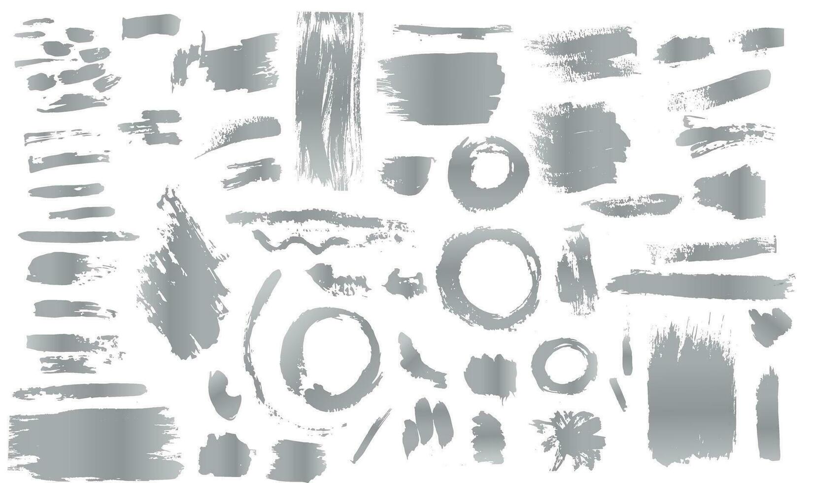 A Set of silver white Gold artistic brush strokes features sponge stamps, splashes, dry brush marks, and pastel pencil textures. vector