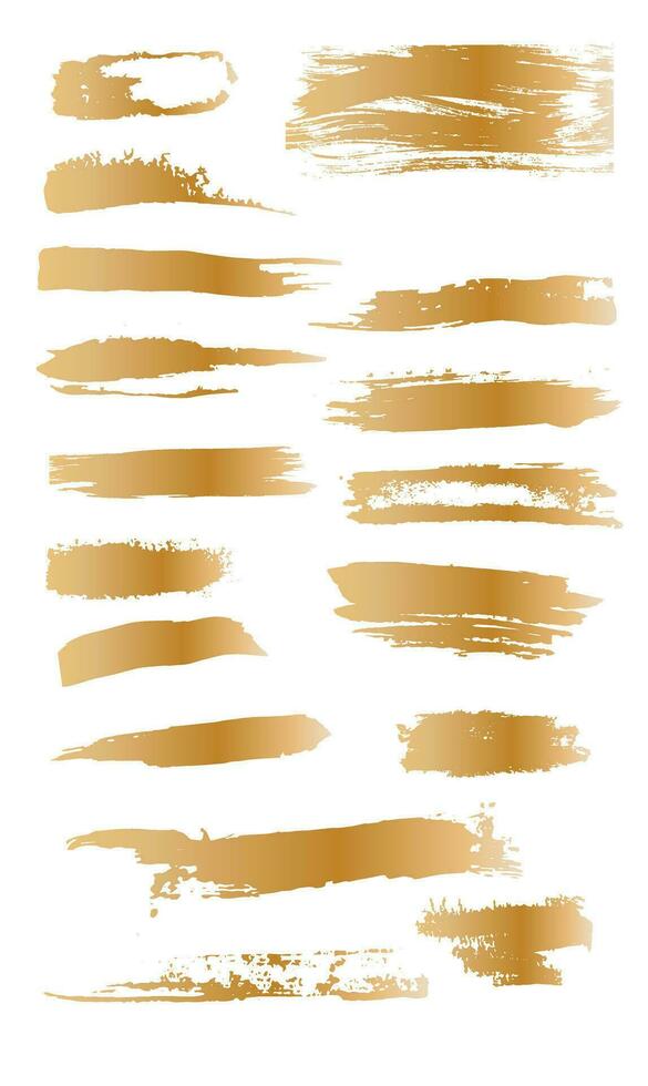 Set of brass Gold artistic brush strokes features sponge stamps, splashes, dry brush marks, and pastel pencil textures. vector