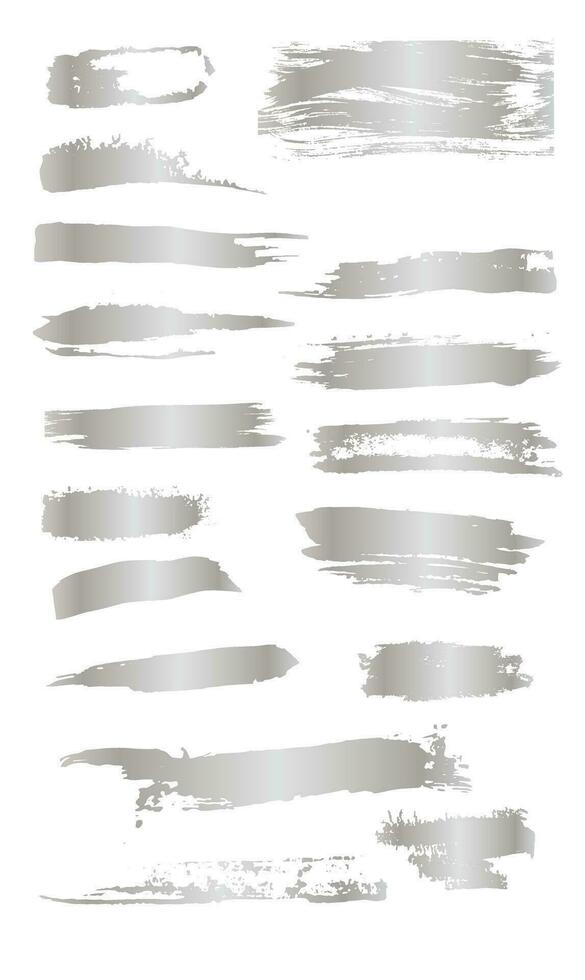 A Set of silver white Gold artistic brush strokes features sponge stamps, splashes, dry brush marks, and pastel pencil textures. vector