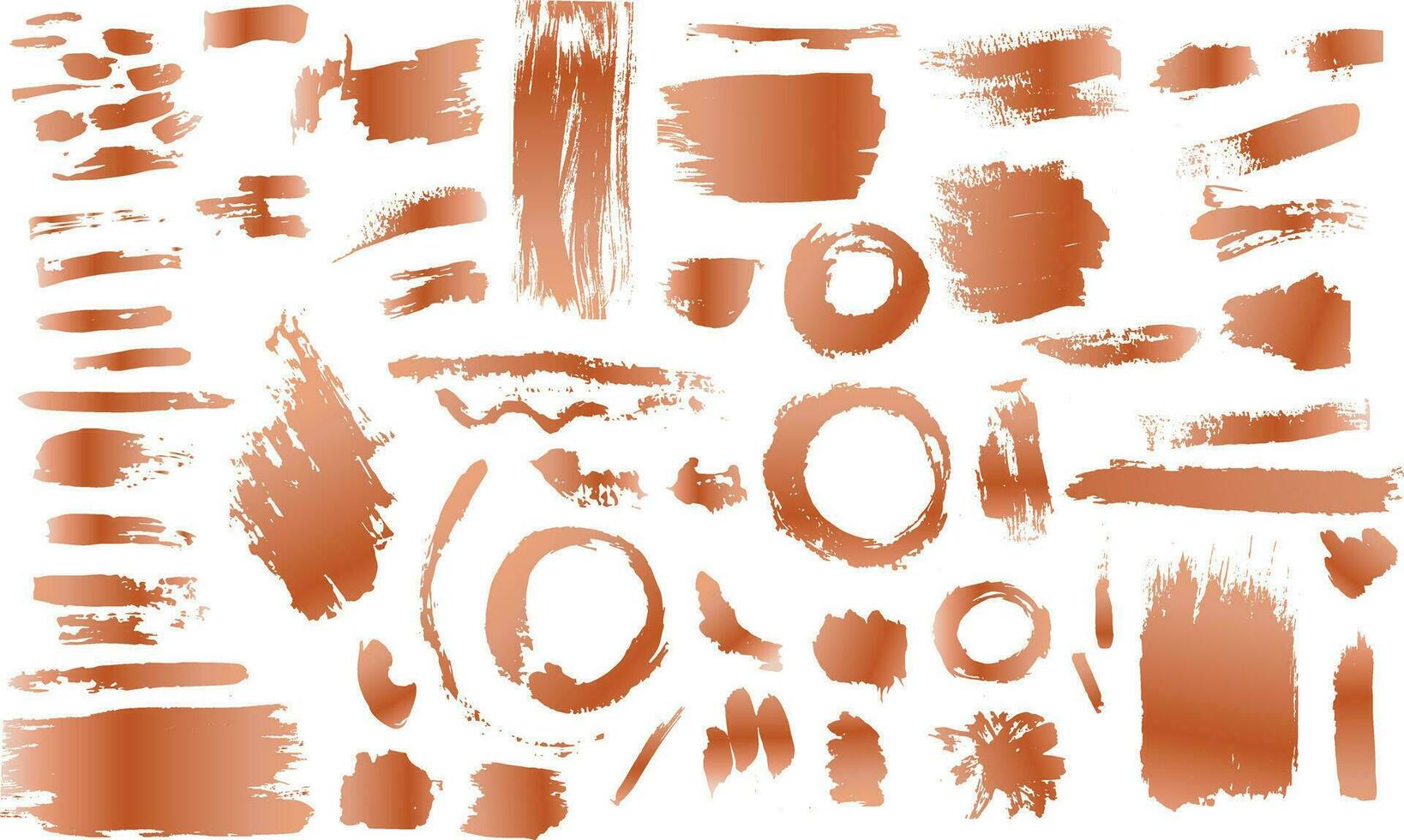 A Set of grunge copper, rose gold artistic brush strokes features sponge stamps, splashes, dry brush marks, and pastel pencil textures vector