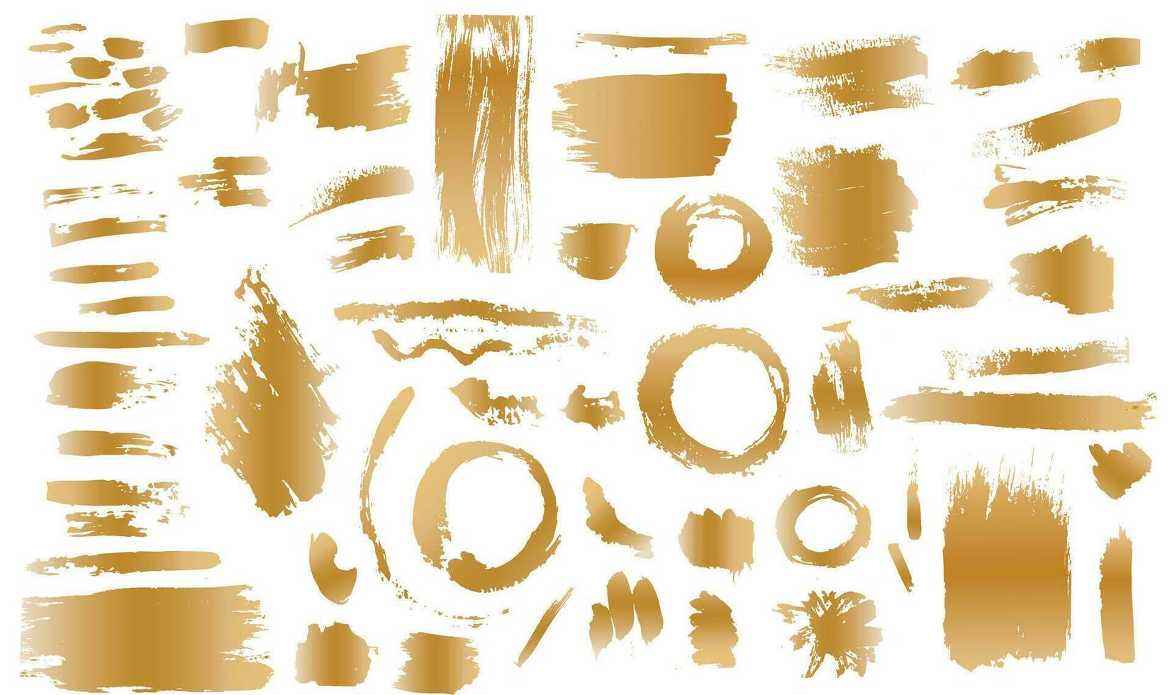 Set of brass Gold artistic brush strokes features sponge stamps, splashes, dry brush marks, and pastel pencil textures. vector