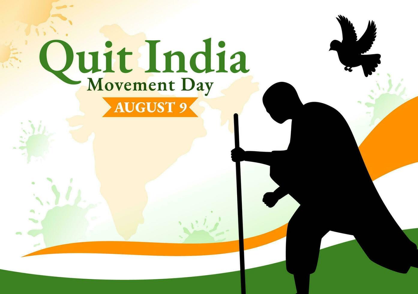 Quit India Movement Day Vector Illustration on 9 August with Indian Flag and People Silhouette in Flat Cartoon Hand Drawn Background Templates