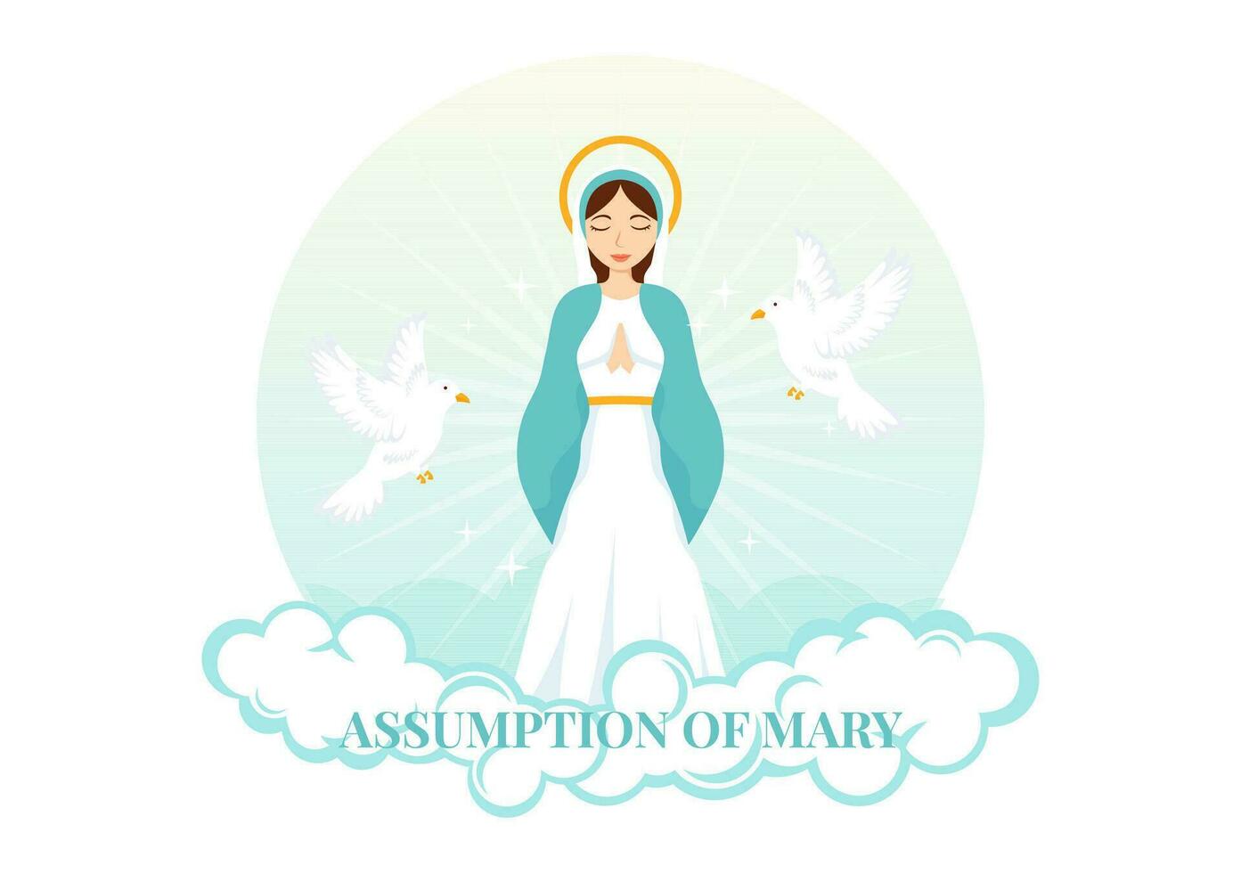 Assumption of Mary Vector Illustration with Feast of the Blessed Virgin and Doves in Heaven in Flat Cartoon Hand Drawn Background Templates