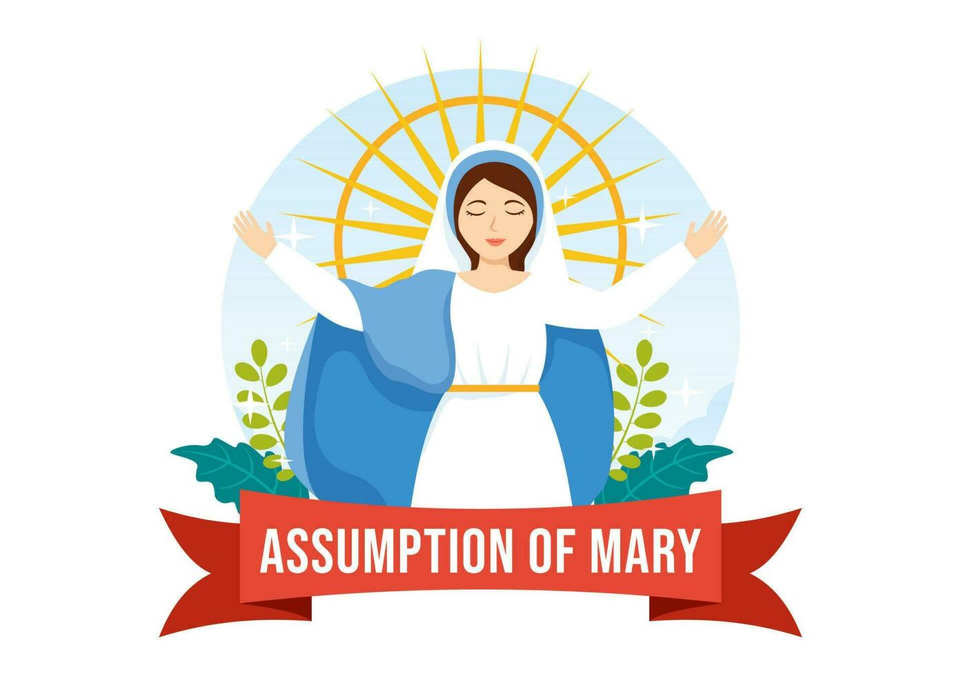 Assumption of Mary Vector Illustration with Feast of the Blessed Virgin and Doves in Heaven in Flat Cartoon Hand Drawn Background Templates