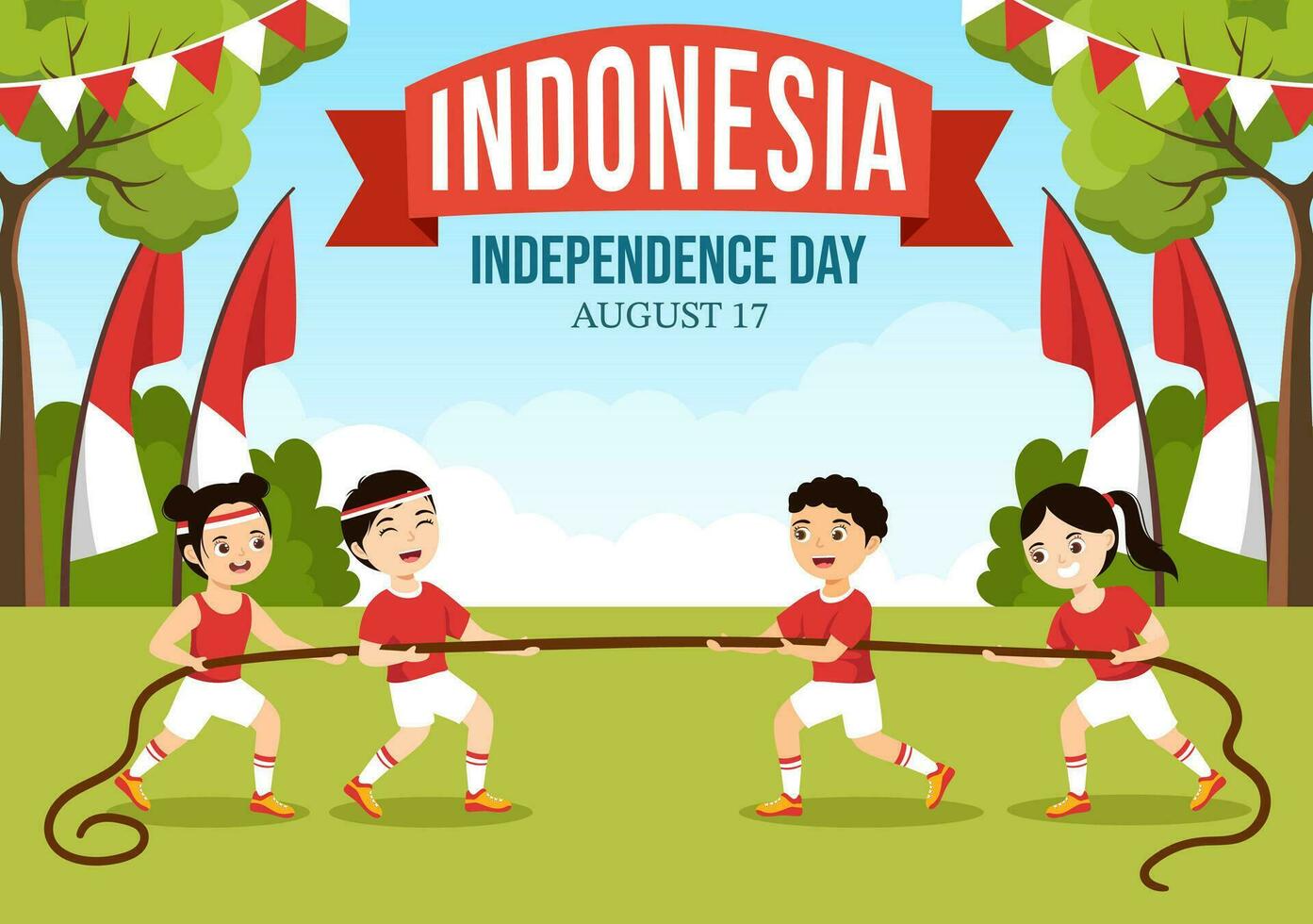 Indonesian Independence Day Vector Illustration On 17th August with Kids Doing Traditional Competition in Flat Cartoon Hand Drawn Template