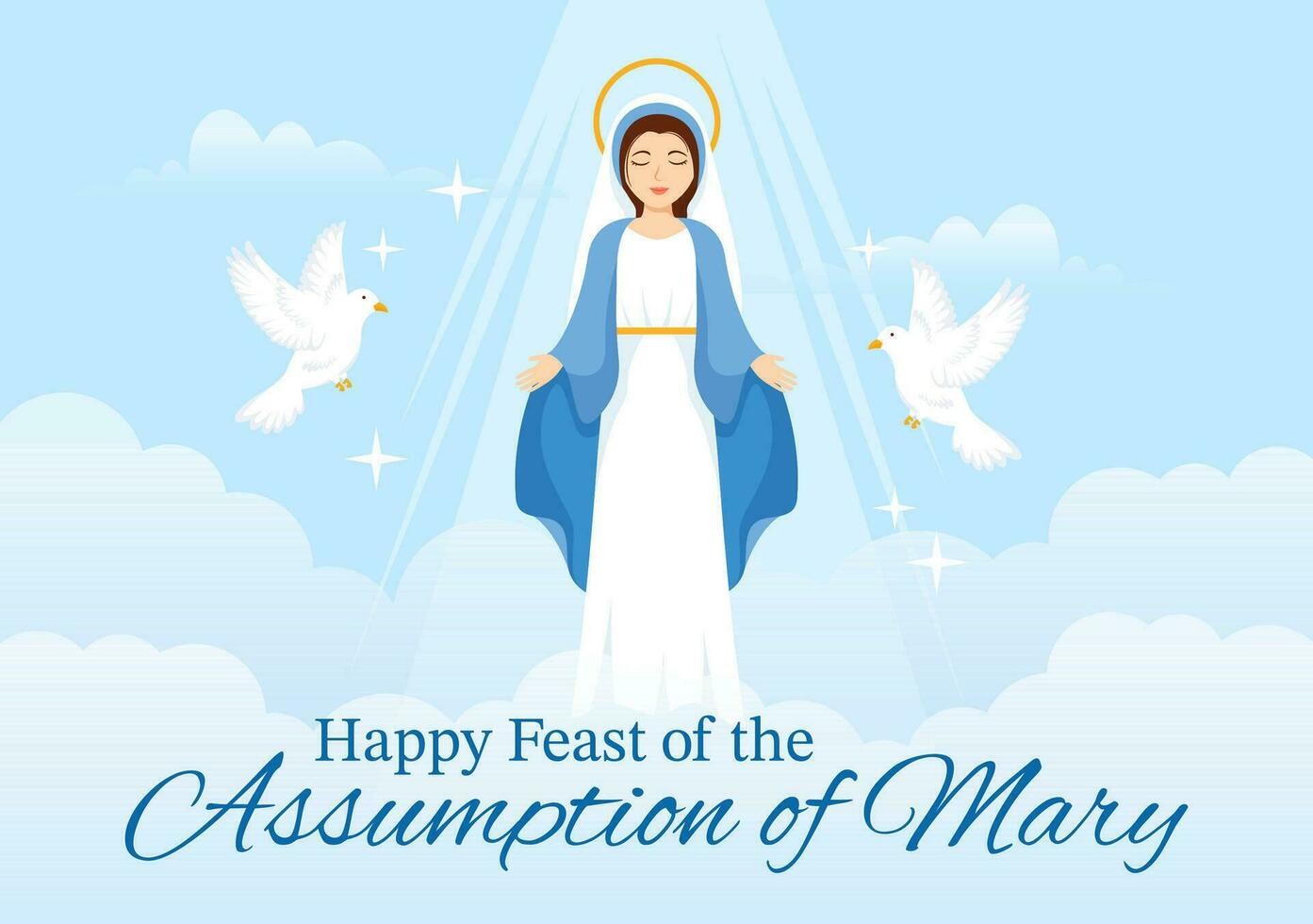 Assumption of Mary Vector Illustration with Feast of the Blessed Virgin and Doves in Heaven in Flat Cartoon Hand Drawn Background Templates