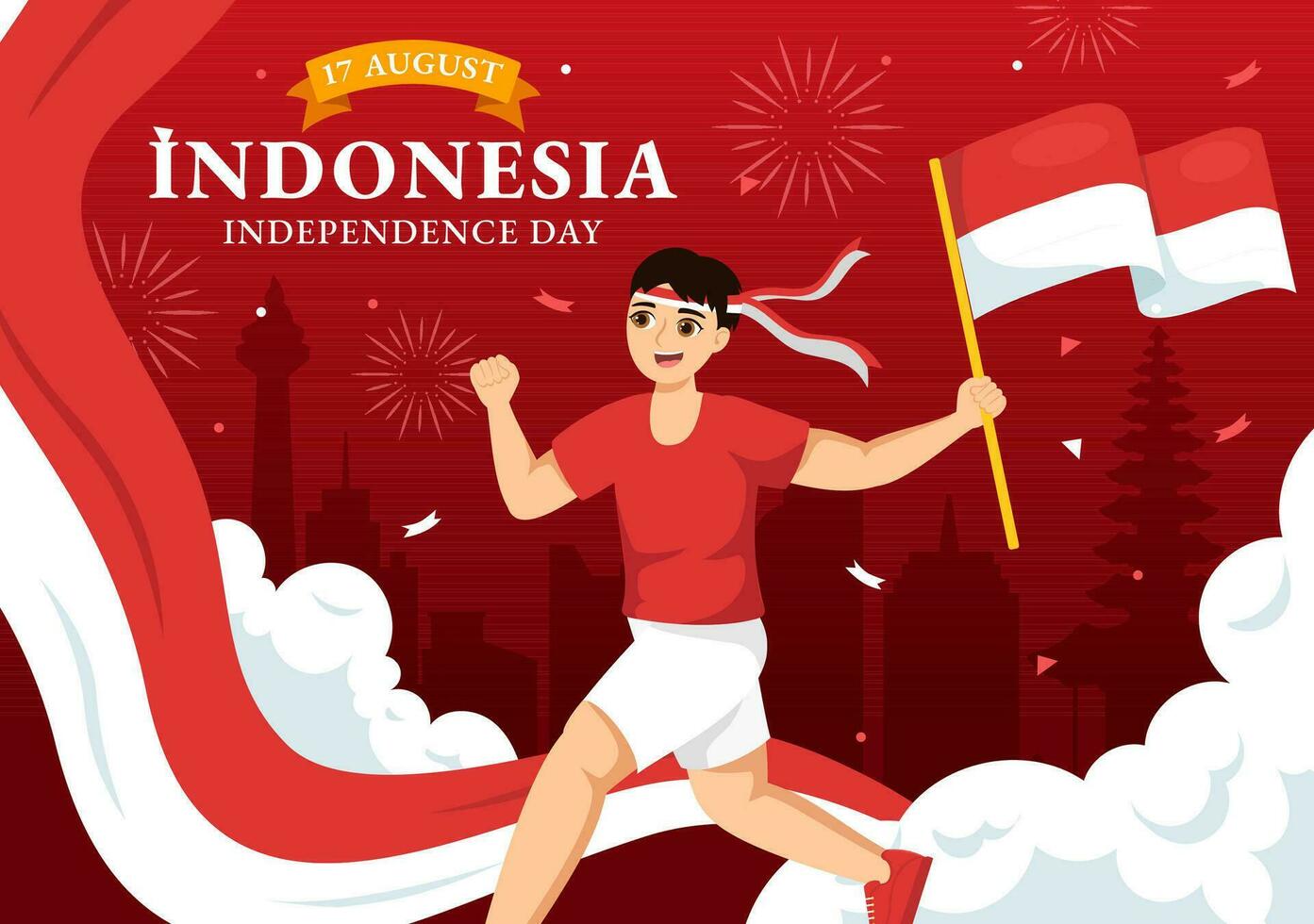 Indonesia independencia día vector ilustración en 17 agosto con indonesio bandera levantamiento el rojo y blanco en plano dibujos animados mano dibujado plantillas