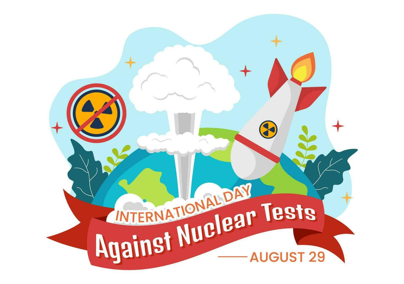 internacional día en contra nuclear pruebas vector ilustración en agosto 29 con prohibición firmar icono, tierra y cohete bomba en mano dibujado plantillas