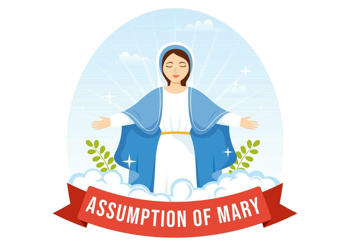 Assumption of Mary Vector Illustration with Feast of the Blessed Virgin and Doves in Heaven in Flat Cartoon Hand Drawn Background Templates