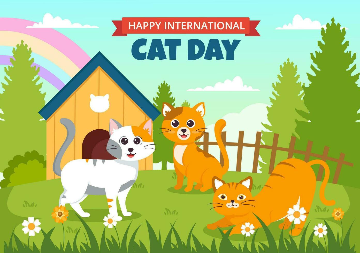 Cat Day Social Media Background Flat Cartoon Hand Drawn Templates Illustration vector