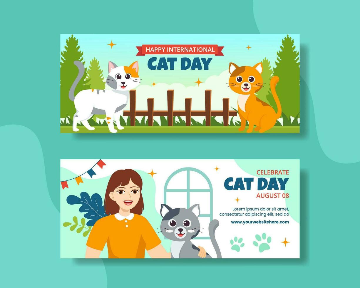 Cat Day Horizontal Banner Flat Cartoon Hand Drawn Templates Background Illustration vector