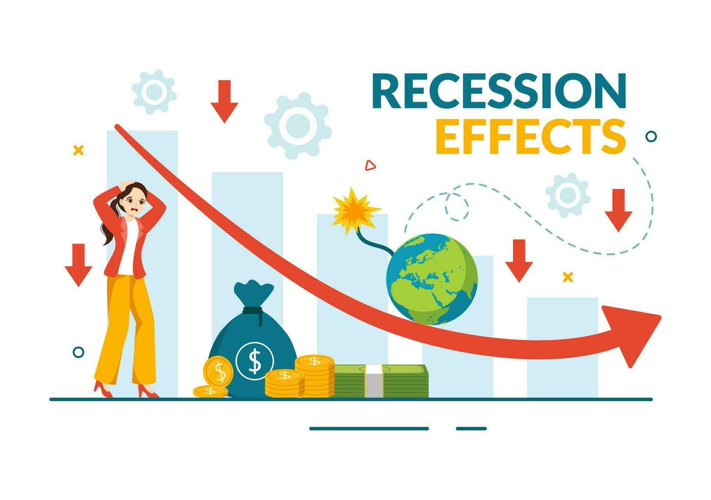 Recession Effects Vector Illustration with Impact on Economic Growth and Economical Activity Decline Result in Flat Cartoon Hand Drawn Templates