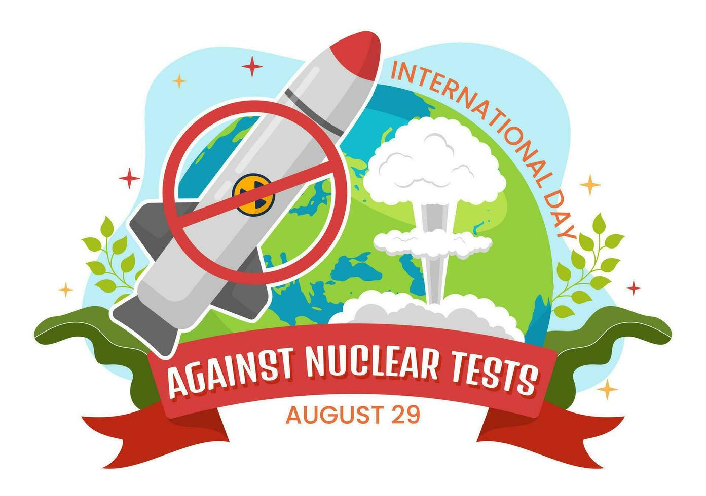 internacional día en contra nuclear pruebas vector ilustración en agosto 29 con prohibición firmar icono, tierra y cohete bomba en mano dibujado plantillas