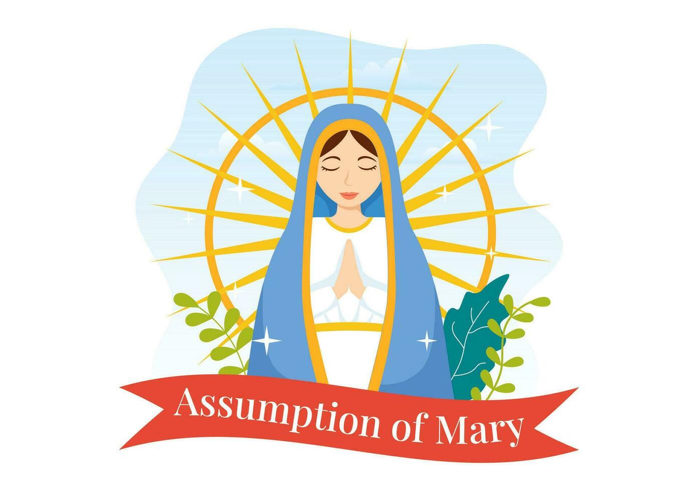 suposición de María vector ilustración con banquete de el bendito Virgen y palomas en cielo en plano dibujos animados mano dibujado antecedentes plantillas