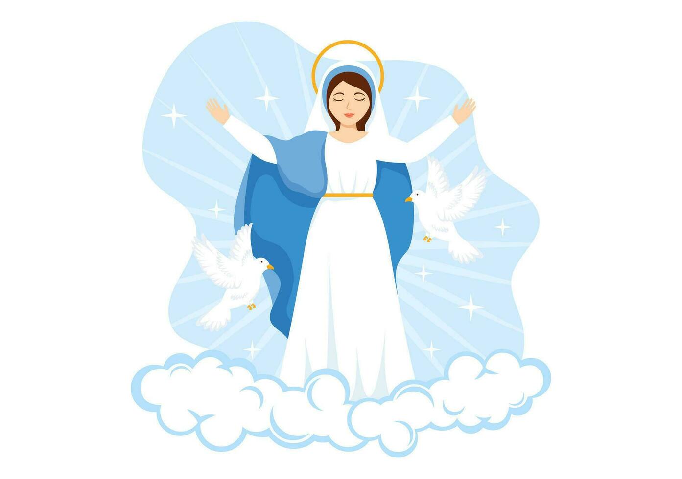 suposición de María vector ilustración con banquete de el bendito Virgen y palomas en cielo en plano dibujos animados mano dibujado antecedentes plantillas