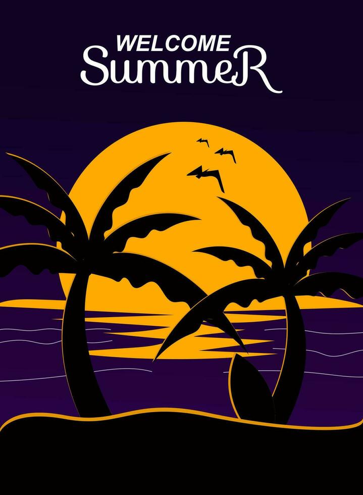 Welcome summer poster design, summer sunset poster illustration design with silhouette of palm trees, and surf board vector