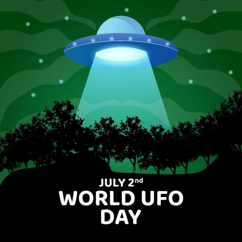 World ufo day 2 july, poster greeting card illustration design with UFO and tree hill silhouette in background galaxy night vector