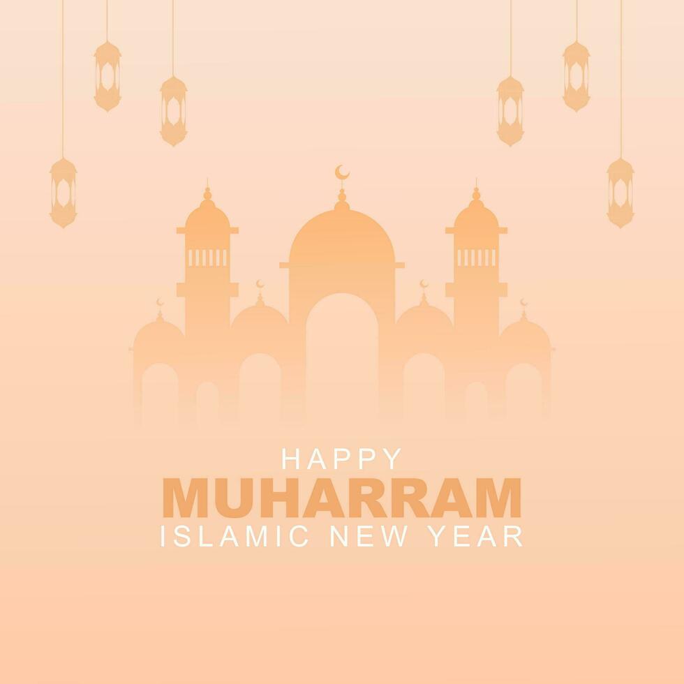 Happy Islamic new year, greeting card poster and social media post design decorated with lanterns and mosques vector