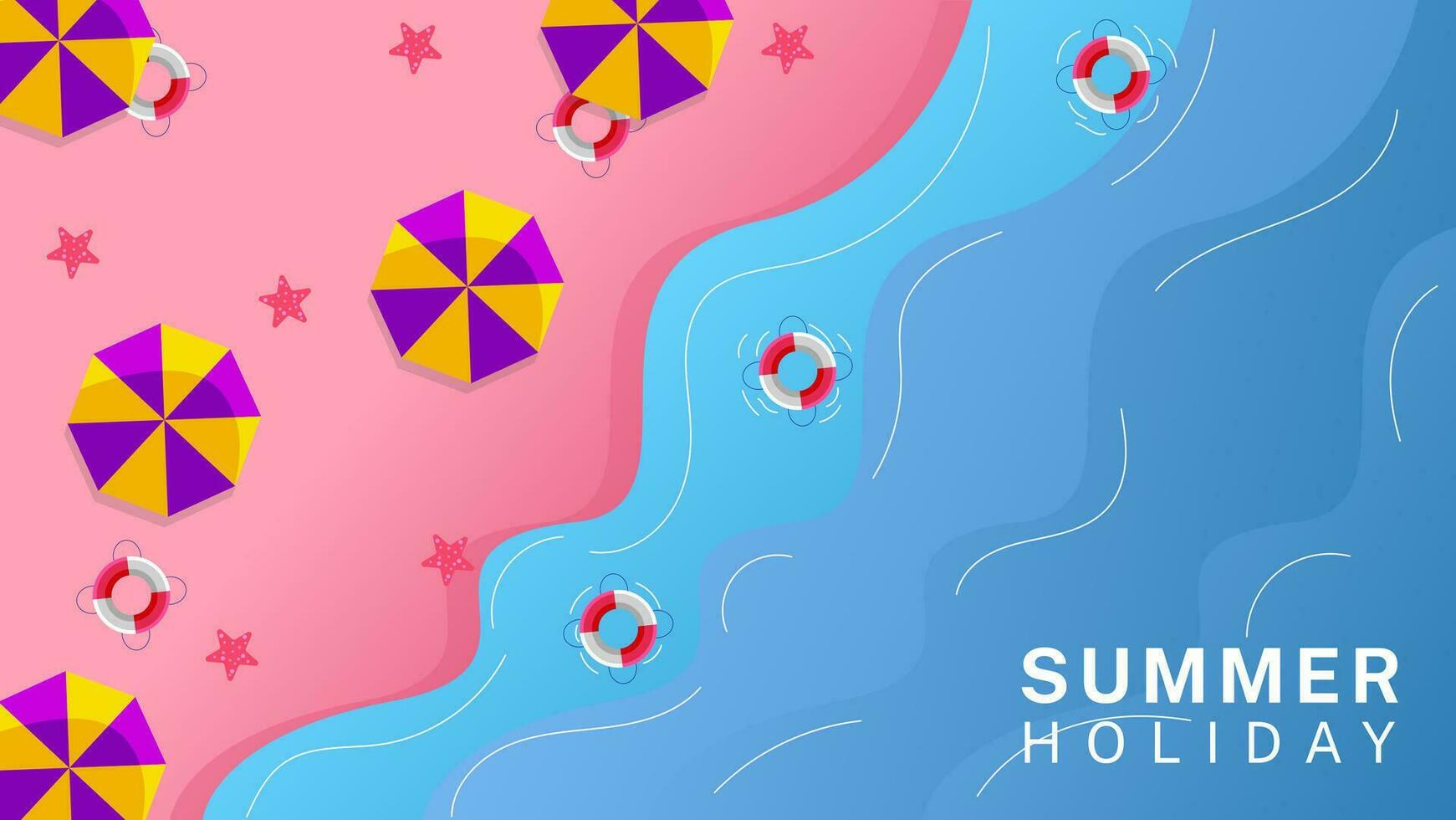 verano día festivo. horizontal bandera diseño con decorativo sombrillas, flotadores y estrella de mar con hermosa playa olas vector