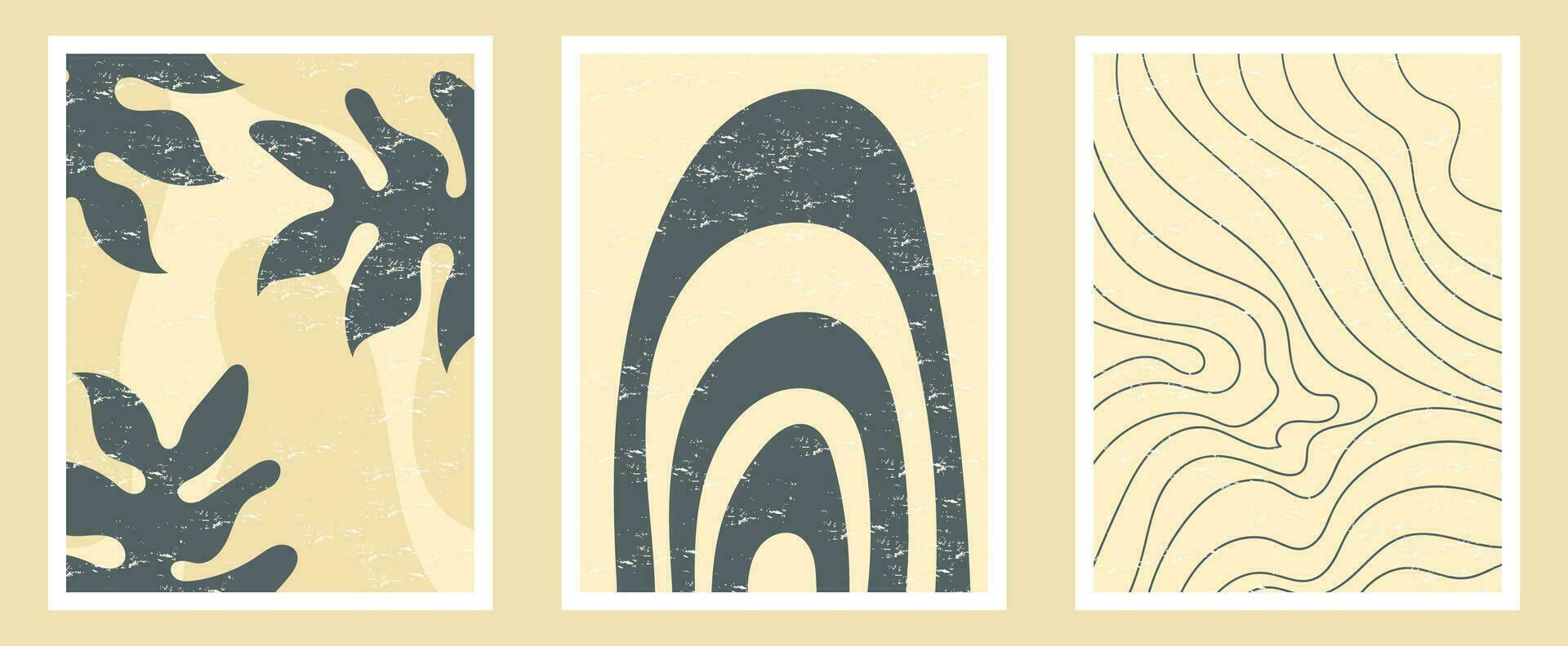 Set of wall decoration designs with leaves, rainbow and abstract lines with grunge texture, boho minimalist art design, cover, print and card vector