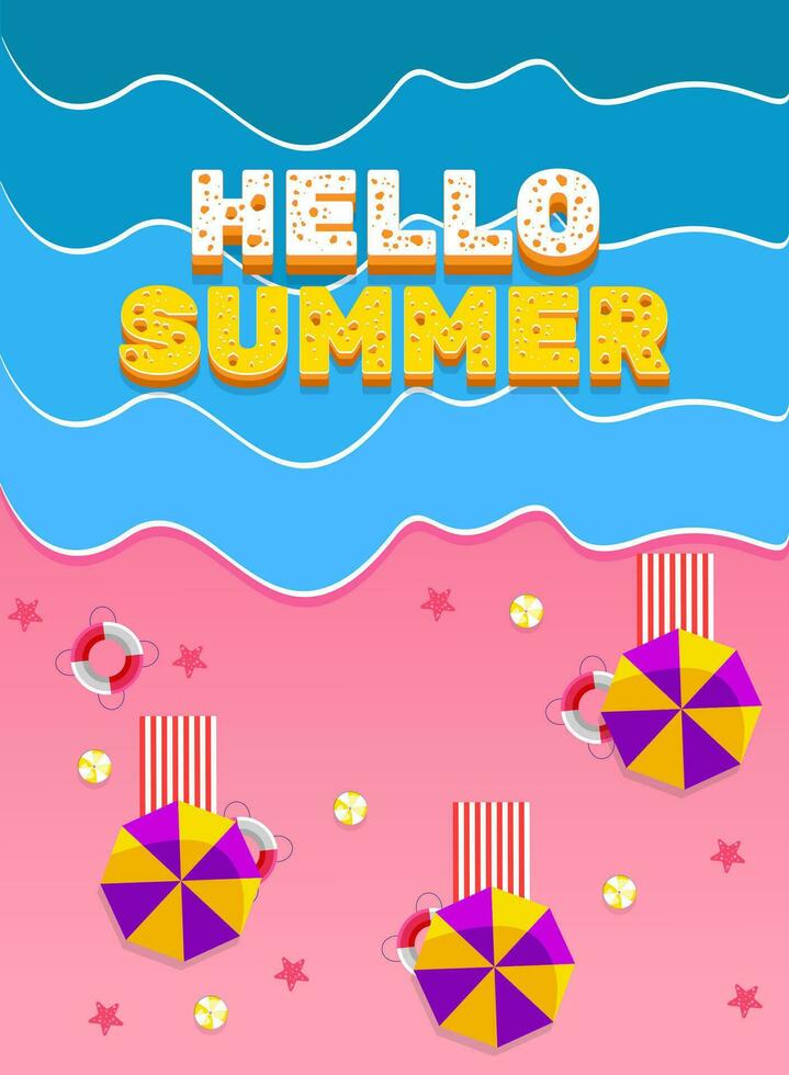 Summer holiday. Vertical banner poster design with decorative umbrellas, floats, beach ball and starfish with beautiful beach waves vector