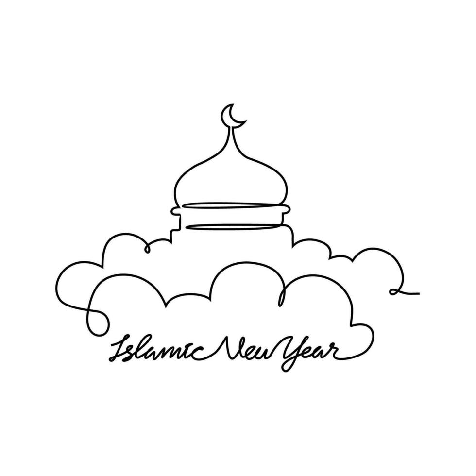 One continuous line drawing of Islamic New Year. Islamic holiday that falls on the 1st day of Muharram of the lunar Islamic Calendar in simple linear style. Islamic design concept vector illustration.