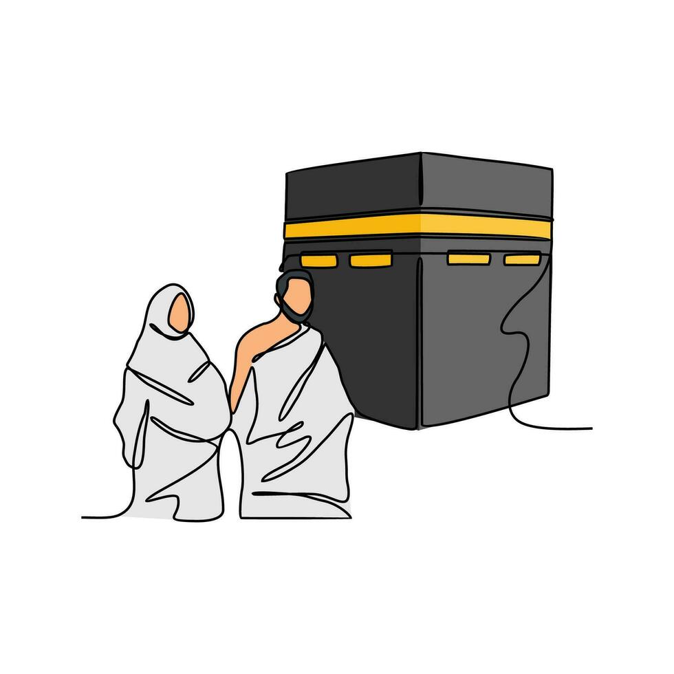 One continuous line drawing of ceremony of Hajj Day. Islamic holiday that falls on the 10th day of Dhu al-Hijjah of the lunar Islamic Calendar in simple linear style. Islamic design concept vector ill