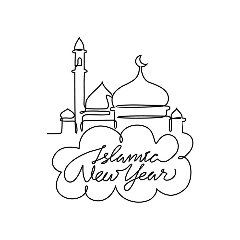 One continuous line drawing of Islamic New Year. Islamic holiday that falls on the 1st day of Muharram of the lunar Islamic Calendar in simple linear style. Islamic design concept vector illustration.
