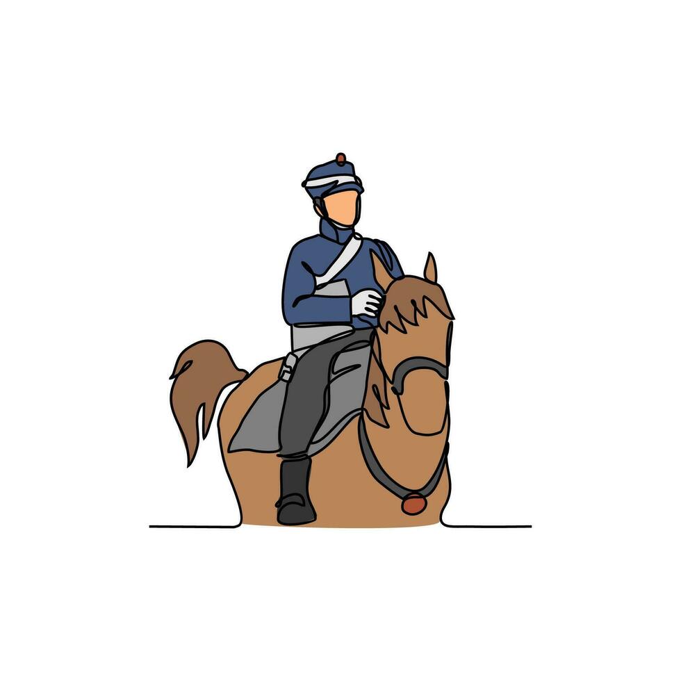 One continuous line drawing of illustration of a soldier riding a horse during war. soldier riding a horse concept in simple linear style continuous line. soldier concept vector illustration.