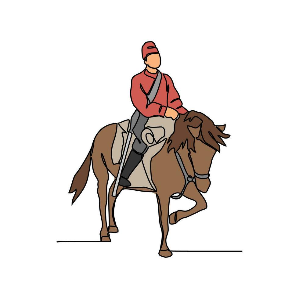 uno continuo línea dibujo de ilustración de un soldado montando un caballo durante guerra. soldado montando un caballo concepto en sencillo lineal estilo continuo línea. soldado concepto vector ilustración.