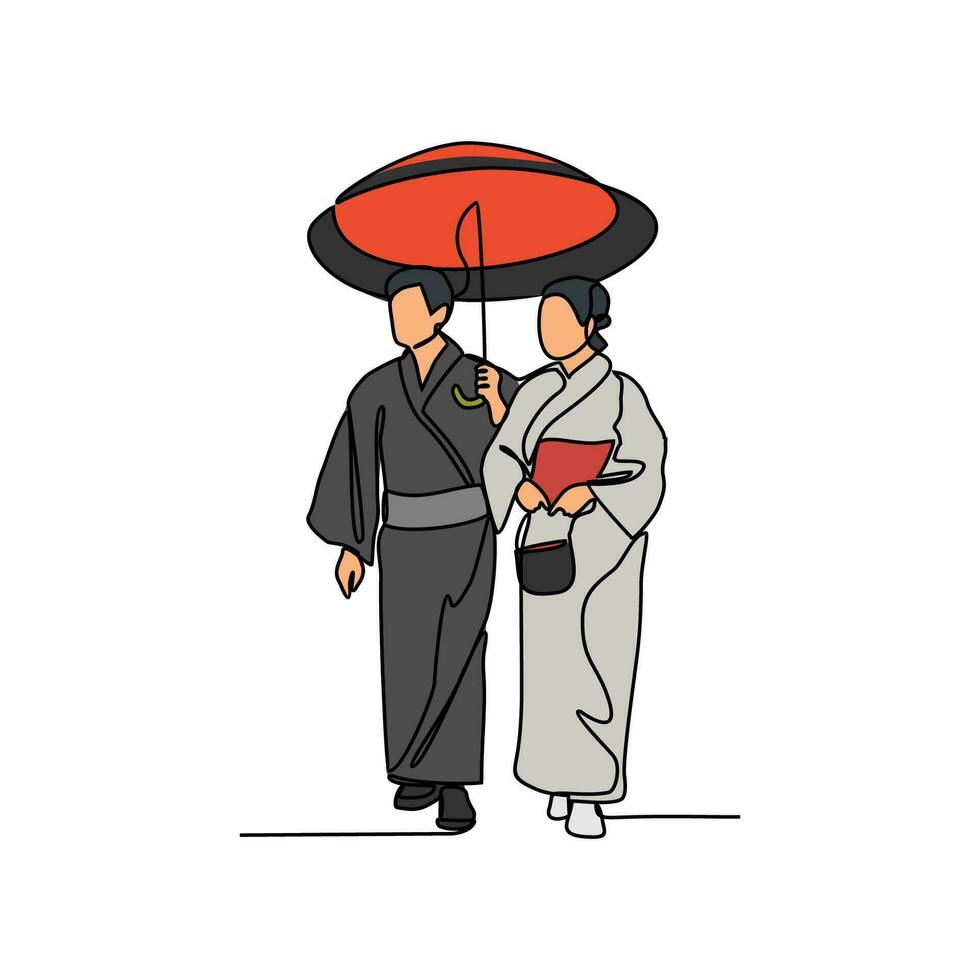 One continuous line drawing of people using the traditional clothes. Asian traditional clothes concept in simple linear style. Fashion and beauty concept vector illustration