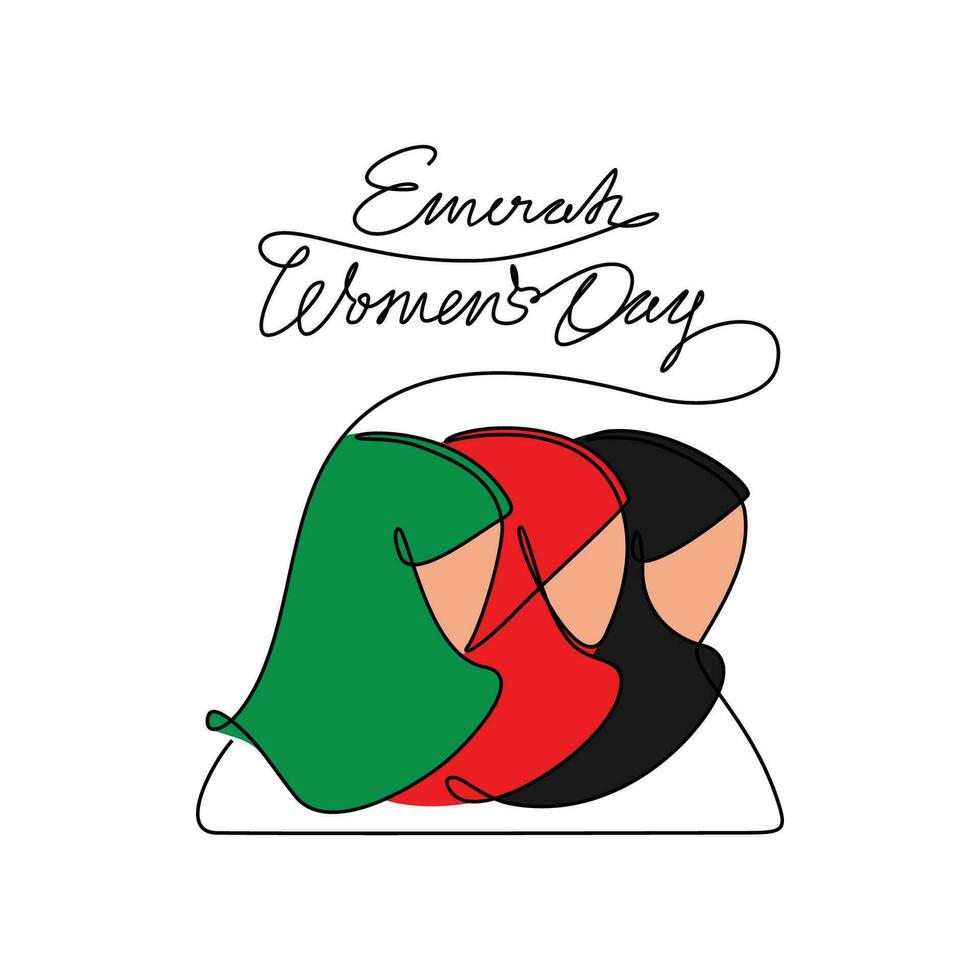 One continuous line drawing of Emirati Womens Day celebration August 28. UAE National Day design in simple linear style. UAE Women's Day design concept vector illustration