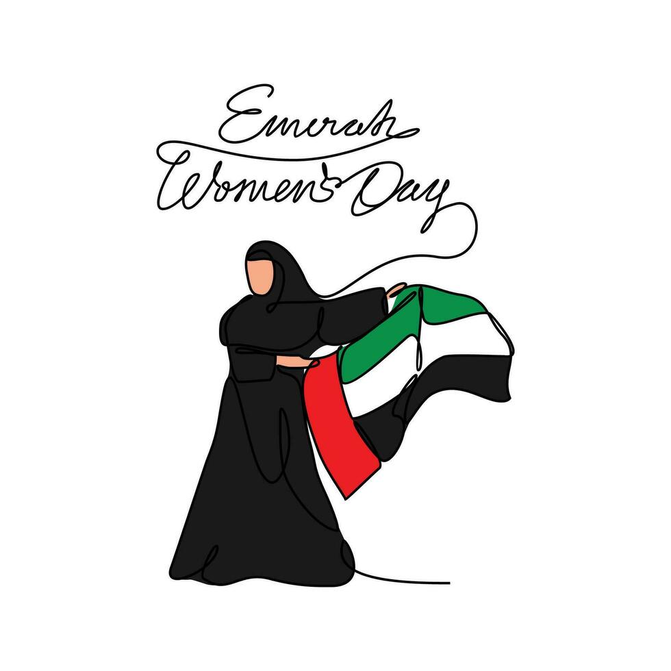 One continuous line drawing of Emirati Womens Day celebration August 28. UAE National Day design in simple linear style. UAE Women's Day design concept vector illustration