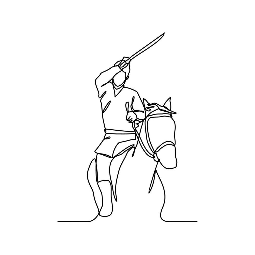 One continuous line drawing of illustration of a soldier riding a horse during war. soldier riding a horse concept in simple linear style continuous line. soldier concept vector illustration.