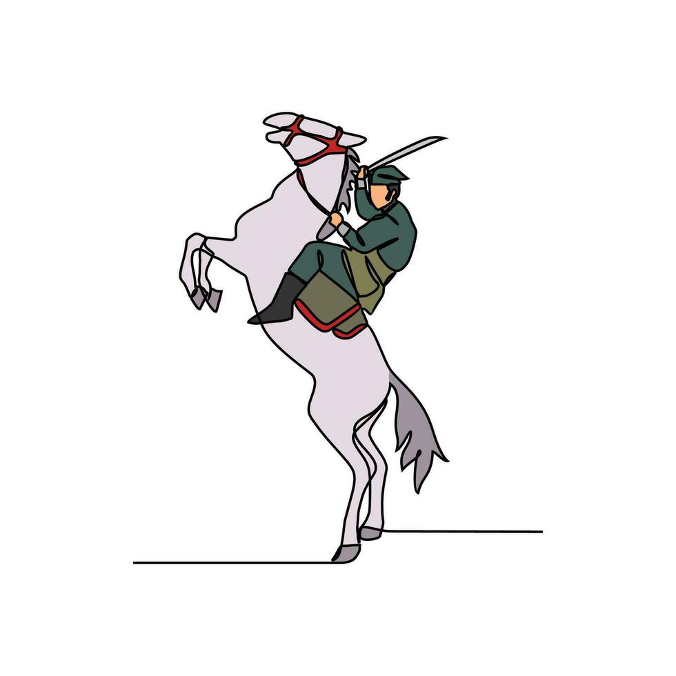 uno continuo línea dibujo de ilustración de un soldado montando un caballo durante guerra. soldado montando un caballo concepto en sencillo lineal estilo continuo línea. soldado concepto vector ilustración.