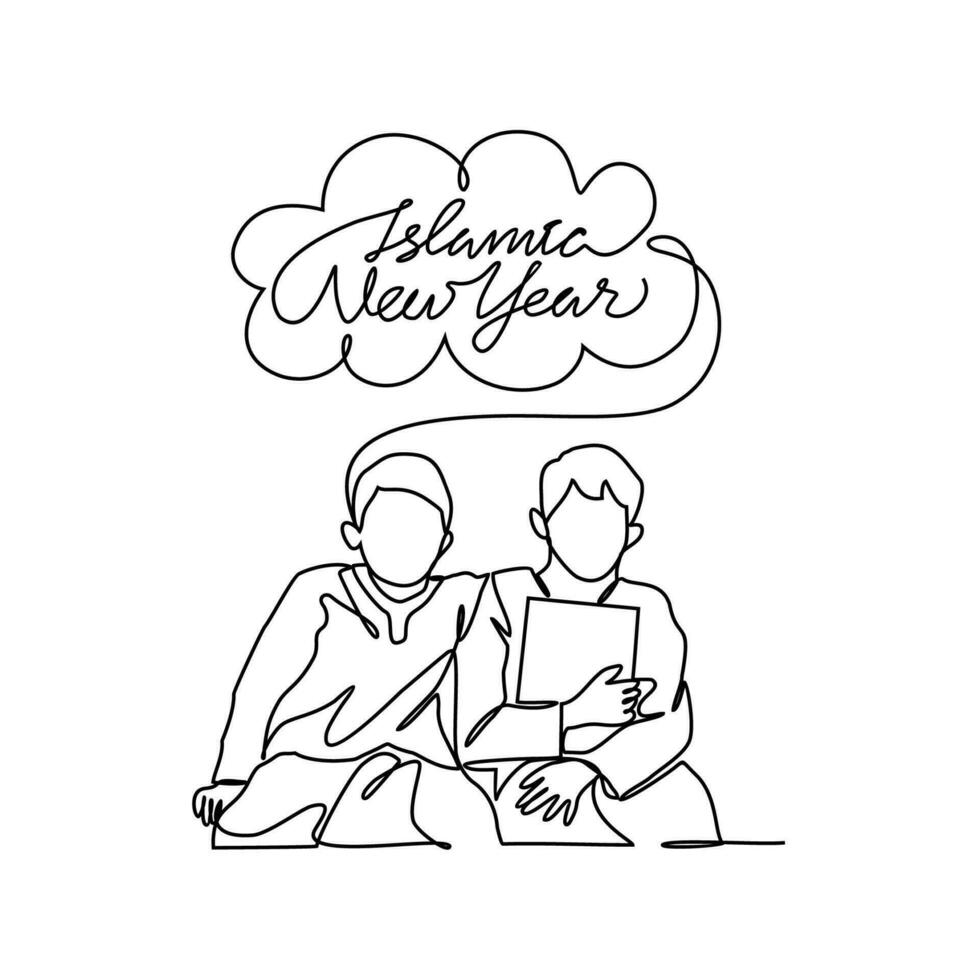 One continuous line drawing of illustration of people who are happy to welcome the Islamic new year. Islamic new year holiday concept in simple linear style. Islamic design concept vector illustration