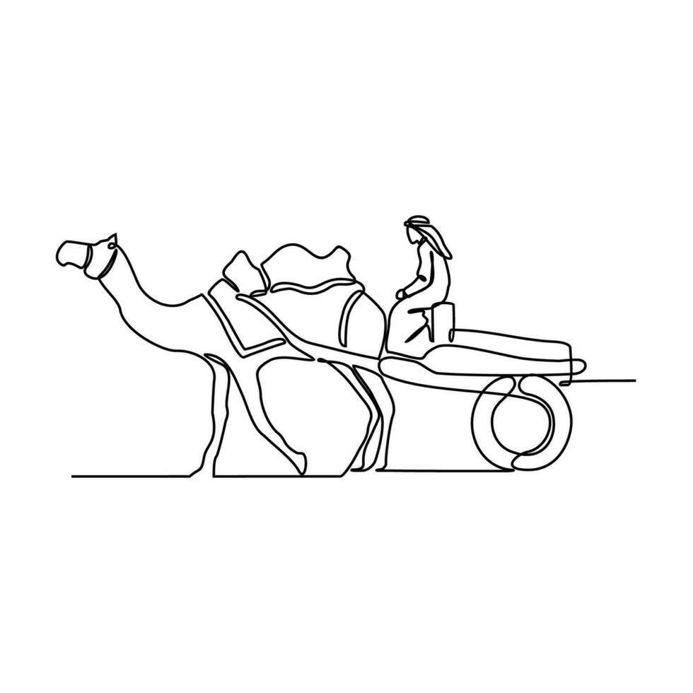 One continuous line drawing of people are riding camels in the desert as symbol for Hijrah. Islamic new year holiday concept in simple linear style. Islamic new year design concept vector illustration