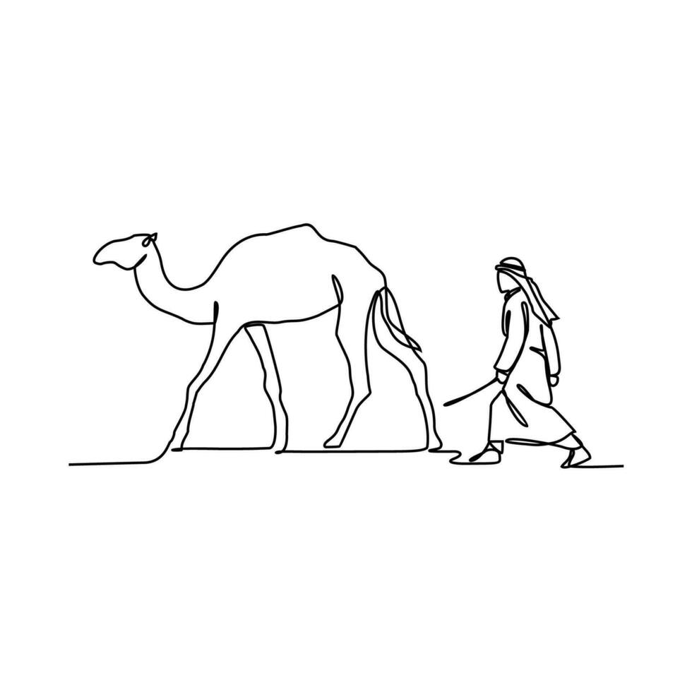 One continuous line drawing of people are riding camels in the desert as symbol for Hijrah. Islamic new year holiday concept in simple linear style. Islamic new year design concept vector illustration