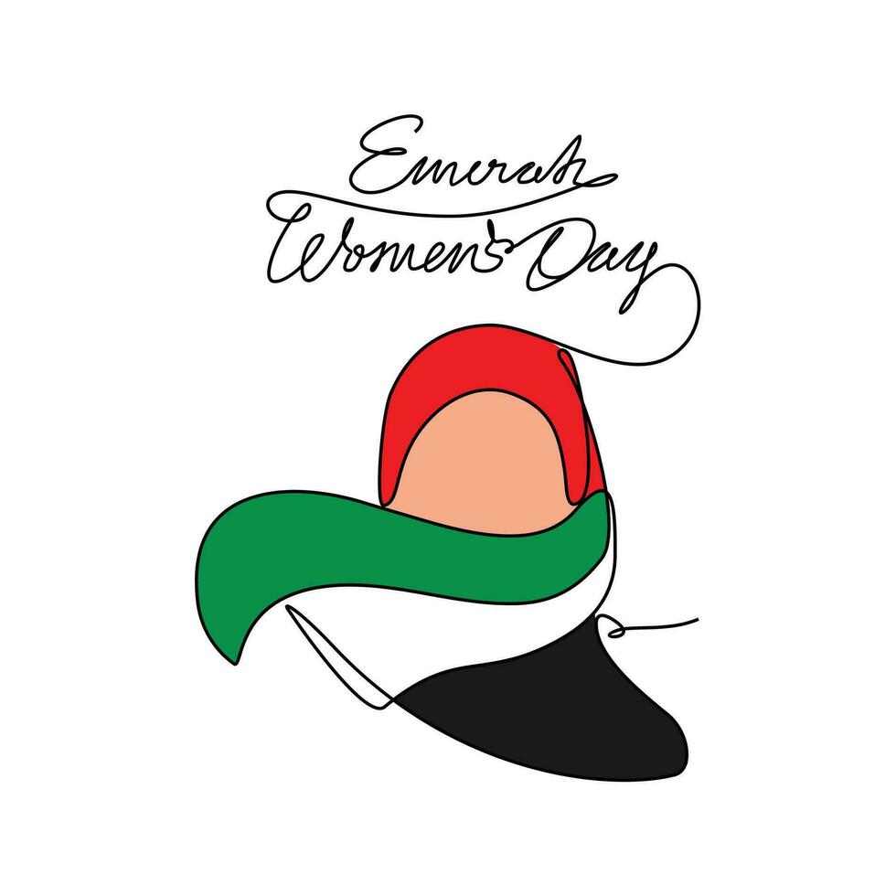 One continuous line drawing of Emirati Womens Day celebration August 28. UAE National Day design in simple linear style. UAE Women's Day design concept vector illustration