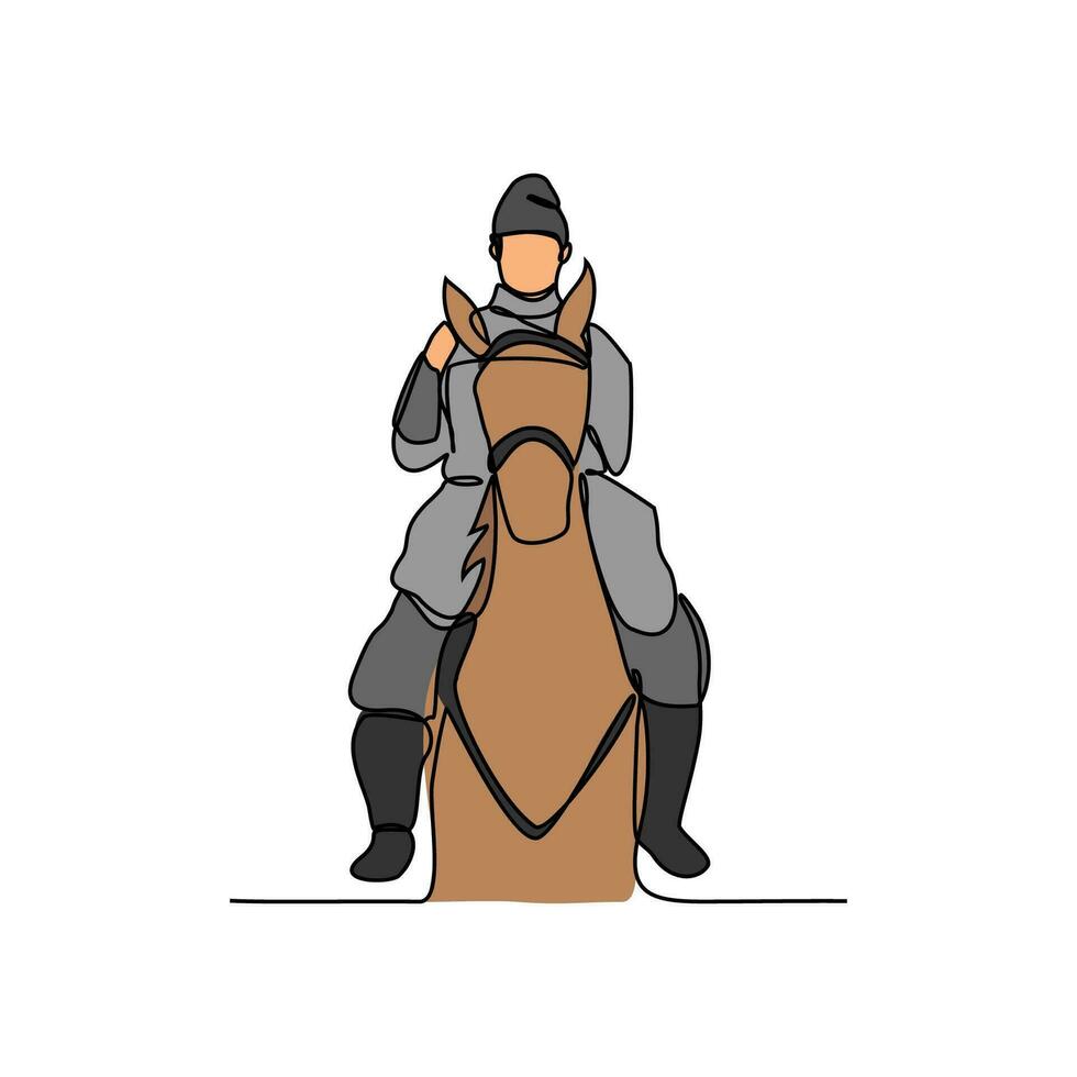 uno continuo línea dibujo de ilustración de un soldado montando un caballo durante guerra. soldado montando un caballo concepto en sencillo lineal estilo continuo línea. soldado concepto vector ilustración.