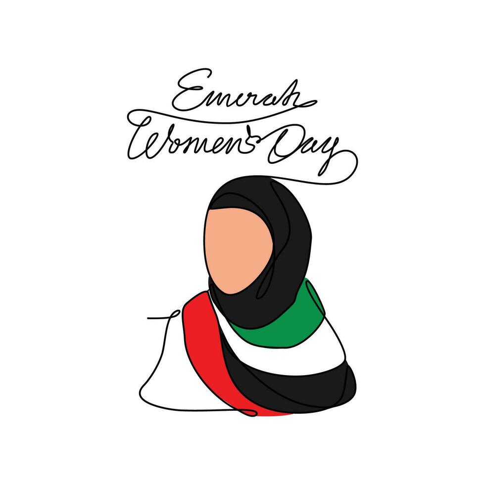 One continuous line drawing of Emirati Womens Day celebration August 28. UAE National Day design in simple linear style. UAE Women's Day design concept vector illustration