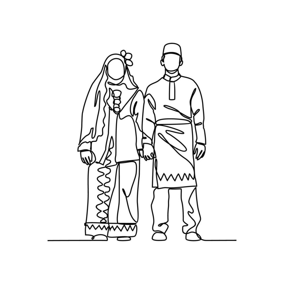 One continuous line drawing of people using the traditional clothes. Asian traditional clothes concept in simple linear style. Fashion and beauty concept vector illustration