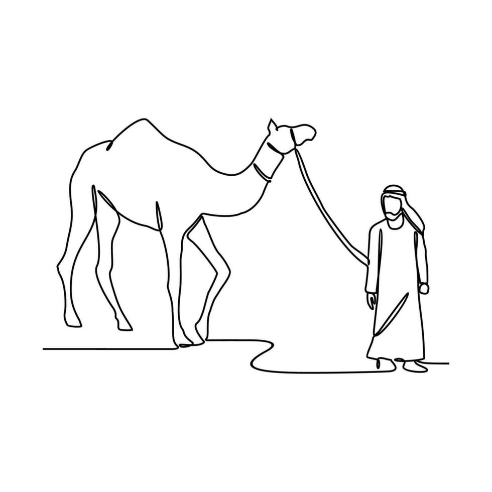 One continuous line drawing of people are riding camels in the desert as symbol for Hijrah. Islamic new year holiday concept in simple linear style. Islamic new year design concept vector illustration