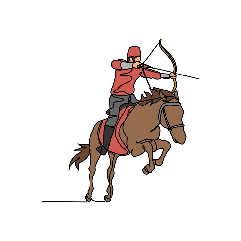 uno continuo línea dibujo de ilustración de un soldado montando un caballo durante guerra. soldado montando un caballo concepto en sencillo lineal estilo continuo línea. soldado concepto vector ilustración.