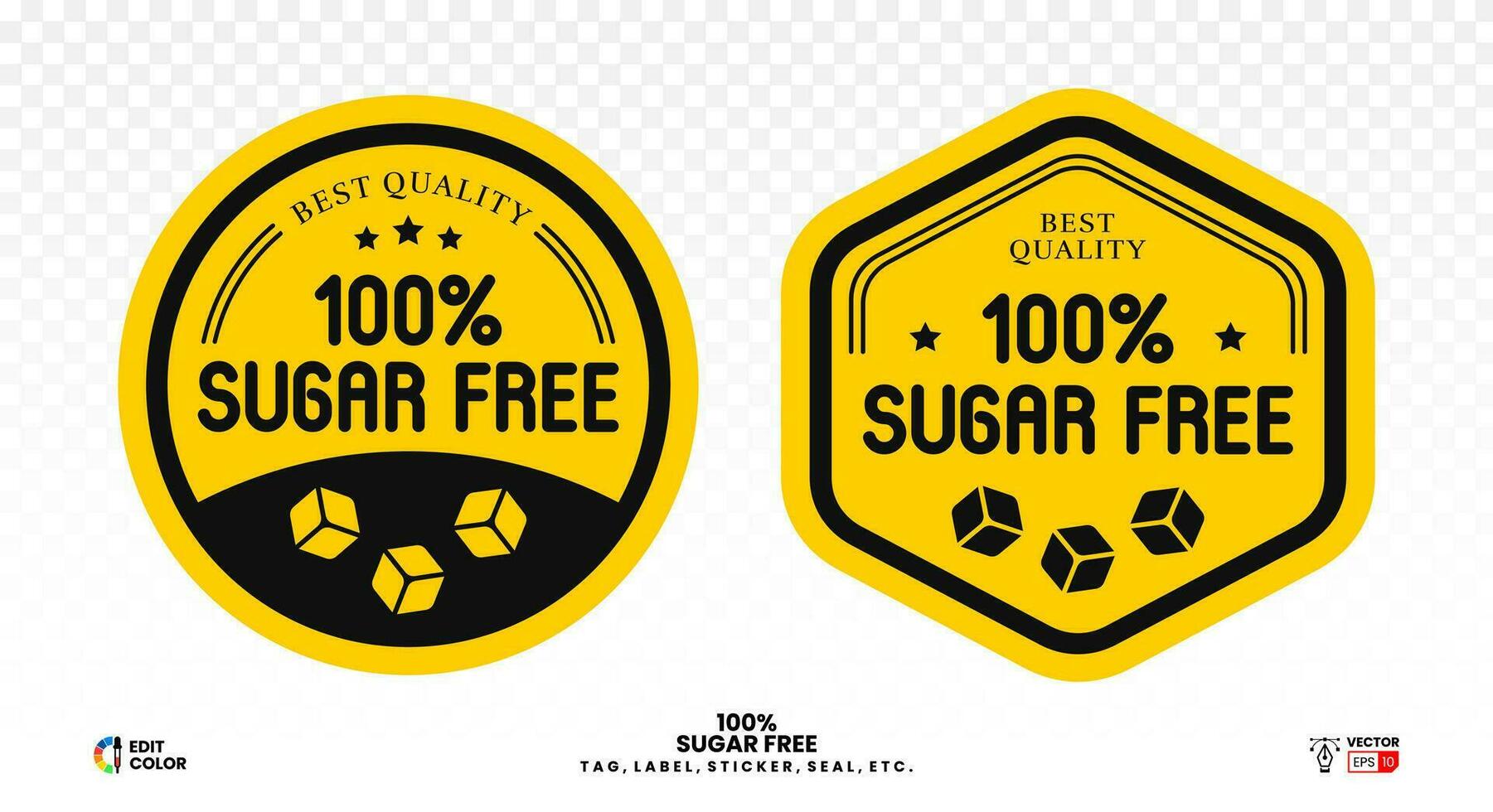 100 por ciento azúcar gratis vector. redondo y pentágono etiqueta para comida embalaje, pegatina, sello, firmar, etiqueta, emblema, estampilla, logo, icono, Insignia vector