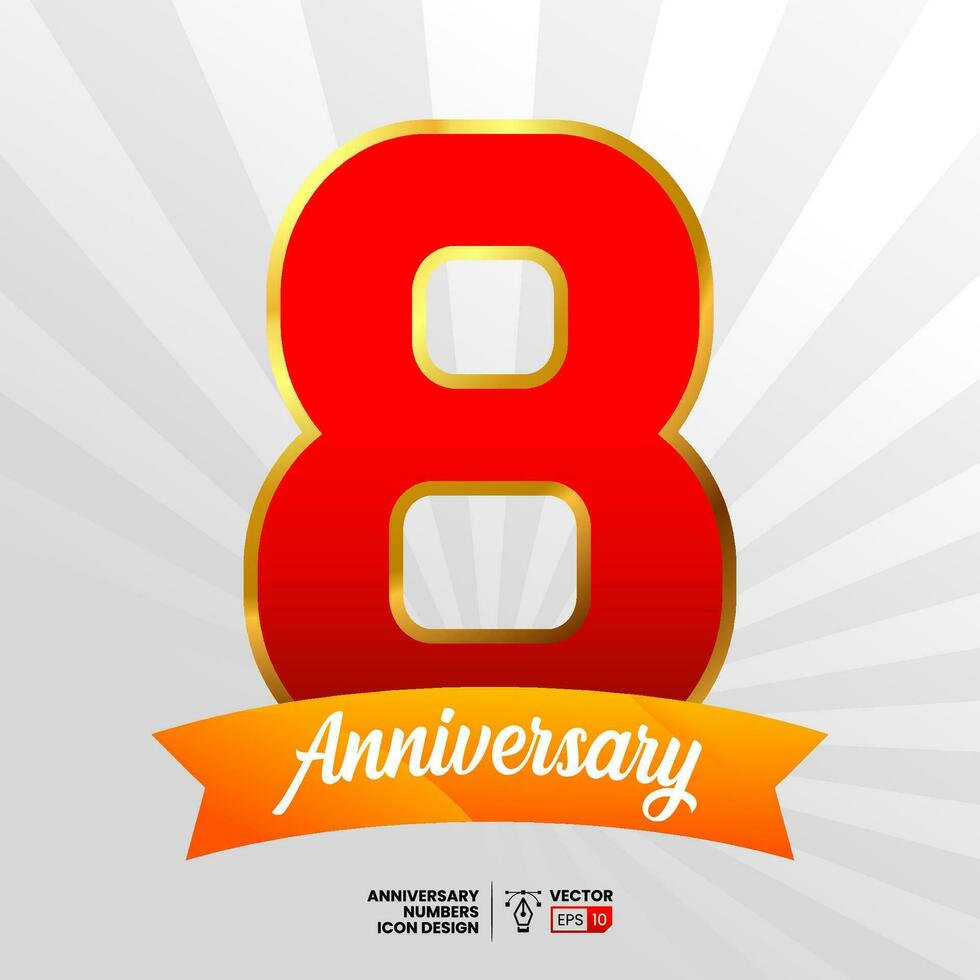 8 Anniversary vector font numbers with ribbon and starburst background. Suitable for icon, logo, symbol, sign, greeting, card, poster, or banner design