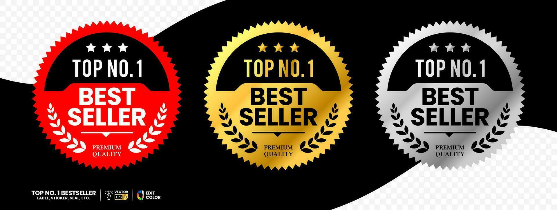 Top number one best seller vector label in red gold and silver